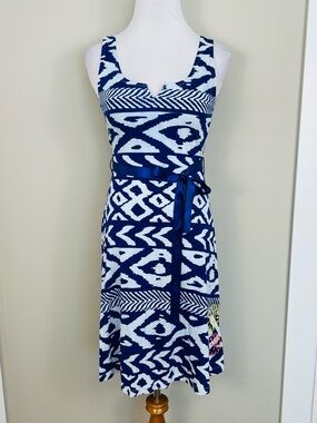 Desigual Blue & White Patterned Sleeveless Dress with Waist Tie